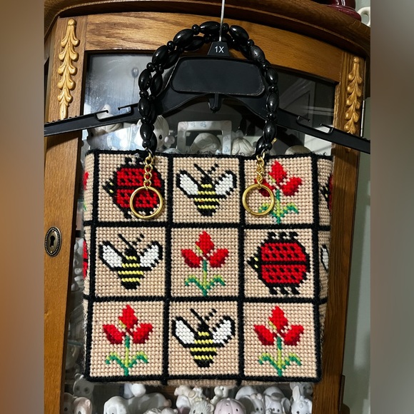 Handmade Handbags - Handmade Needlepoint Bees and Ladybugs Small Tote Bag